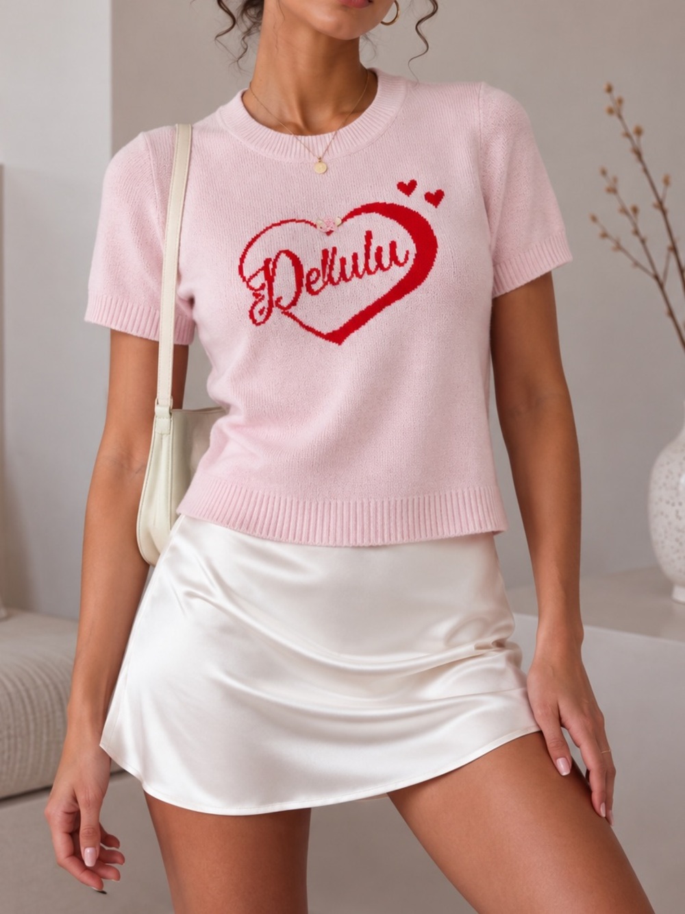 Heart Delulu Graphic Pink Short-Sleeve Sweater Top